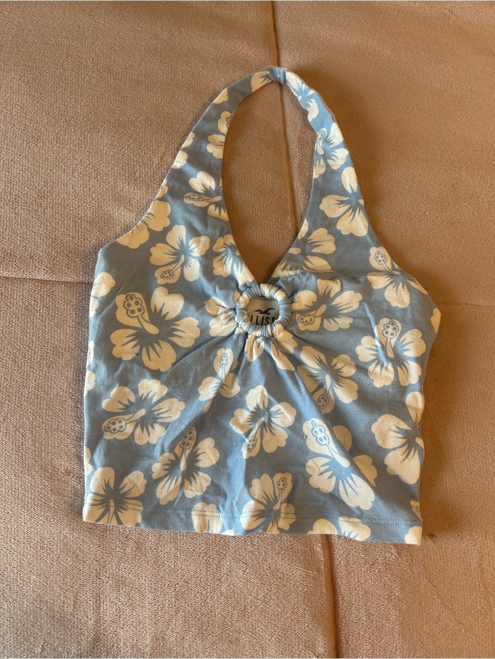Hollister Blue Floral Halter Crop Top with Center Ring